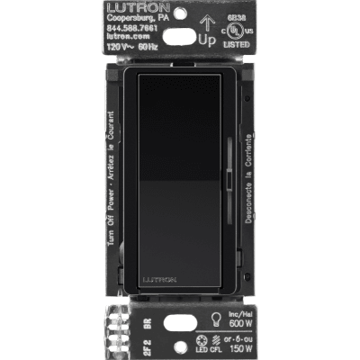 (Caseta Wireless) Atenuador de pared Negro. Aumenta/Disminuye Intensidad de Iluminación.  No requiere cable neutro. 150W LED / 600W INC/HAL